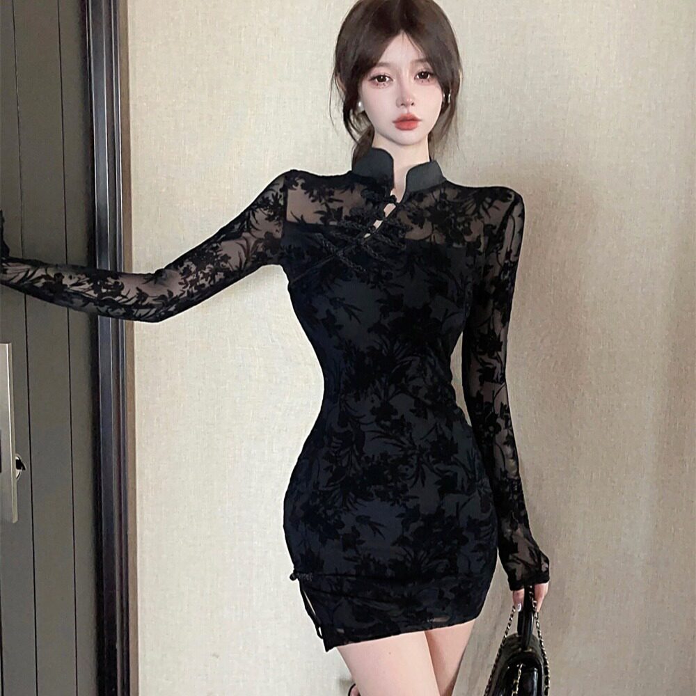 性感御姐修身新中式复古旗袍短裙女秋冬网纱假两件黑色包臀连衣裙