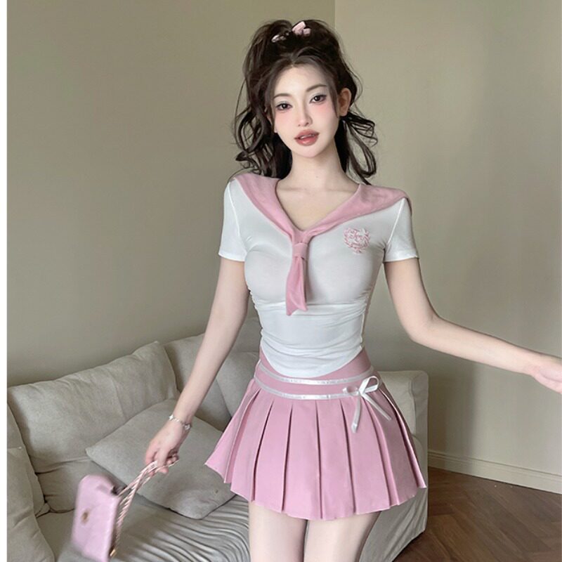 甜美减龄纯欲修身粉色海军领短袖上衣t恤短裙jk制服沐足技师工衣