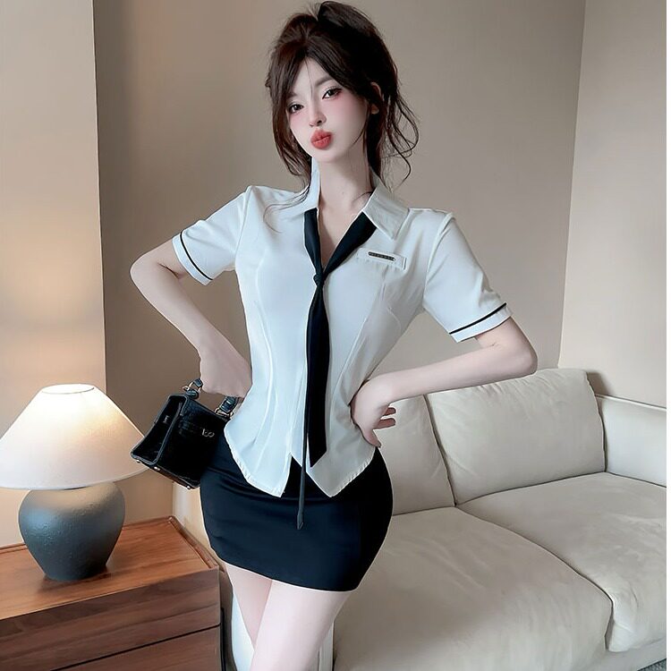 酒店足道足浴技师工作制服女OL风职业装V领短袖白衬衣包臀裙套装