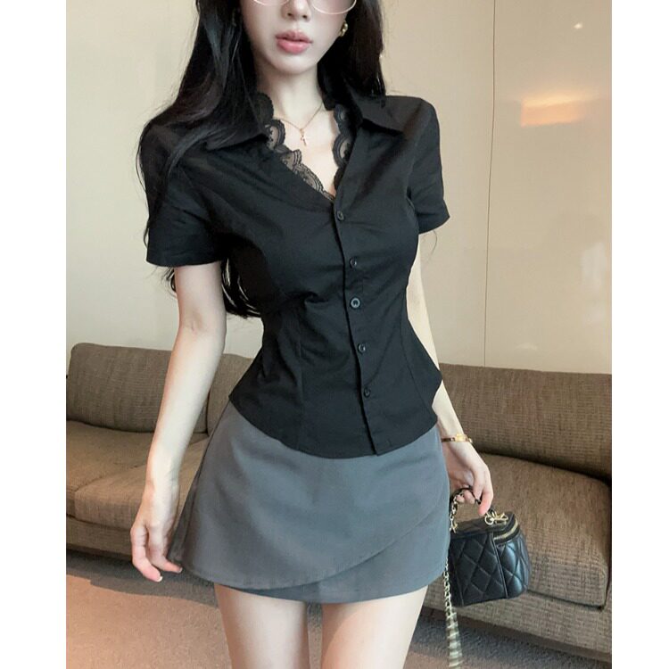 性感纯欲v领短袖黑衬衫包臀裙职业装2026夏季足浴足道技师工作服