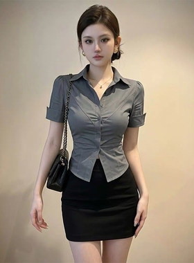 性感御姐风职业装女短袖衬衫包臀短裙两件套足道足疗技师工作制服