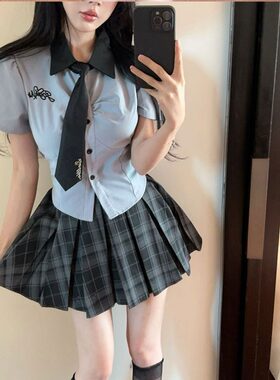 韩国校园高中女生jk制服衬衣纯欲风收腰短袖蓝衬衫格子短裙两件套
