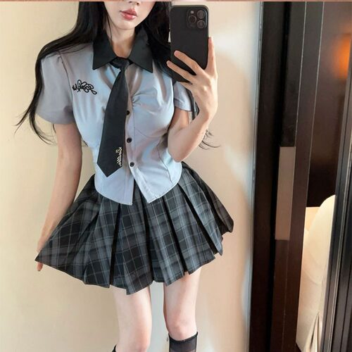 韩国校园高中女生jk制服衬衣纯欲风收腰短袖蓝衬衫格子短裙两件套