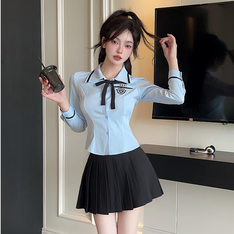 沐足俱乐部养生足浴美容院女职业jk制服女收腰长袖蓝衬衫短裙套装