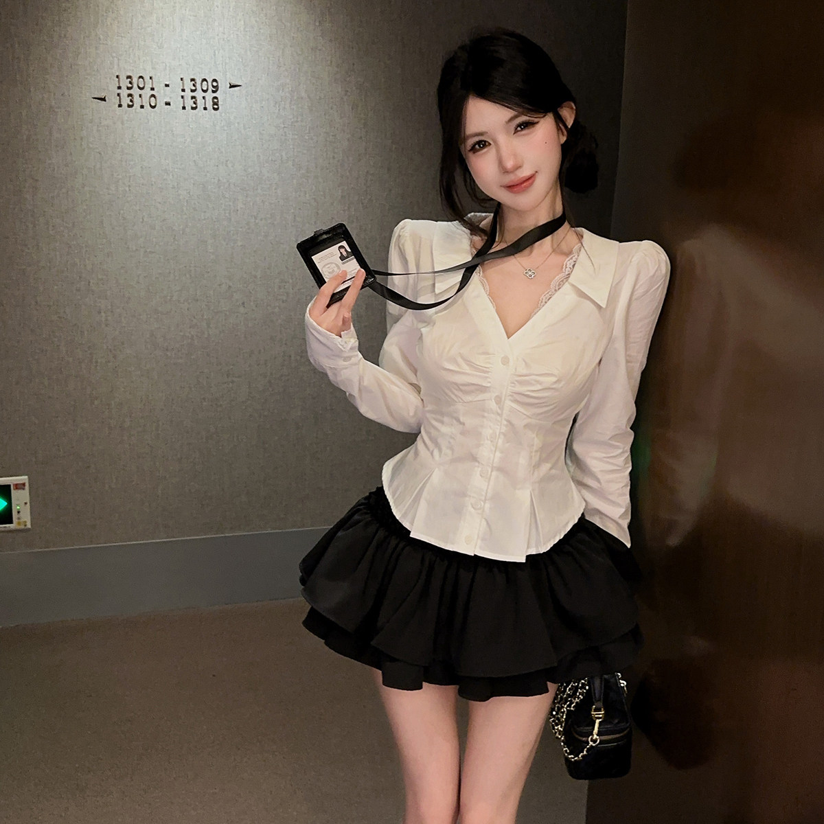 性感纯欲v领蕾丝拼接收腰白衬衫短裙裤制服套装女都市丽人职业装