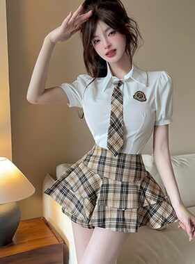 美容院养生馆职业工作服纯欲风收腰显瘦短袖白衬衫格子短裙jk制服