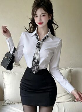 酒店沐足水疗足道技师工作制服女修身丝巾长袖白衬衫包臀裙两件套