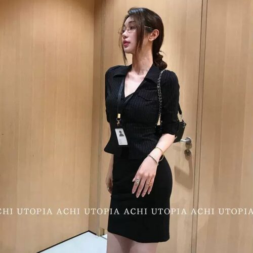 性感御姐OL风v领修身黑条纹衬衫职业套装夏女中袖衬衣包臀裙制服