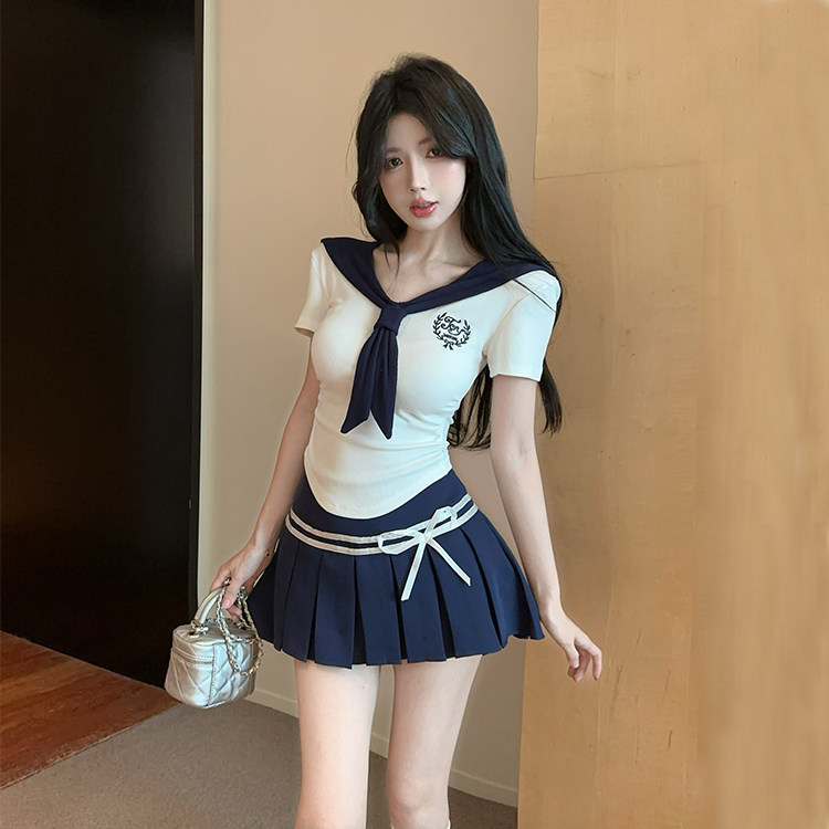 女团直播拉拉队舞蹈服装辣妹jk制服修身海军领短袖t恤蓝短裙套装