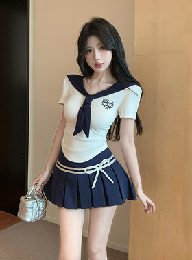 女团直播拉拉队舞蹈服装辣妹jk制服修身海军领短袖t恤蓝短裙套装