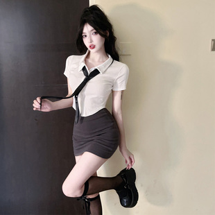 酒吧夜场KTV性感空姐制服女短款收腰短袖衬衫包臀裙足道技师工服