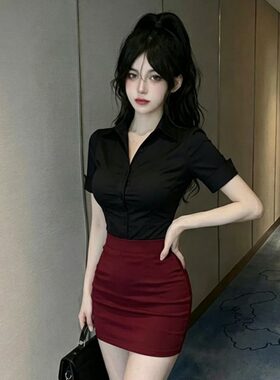 性感办公室秘书制服OL风职业装女修身v领短袖黑衬衫足道技师短裙