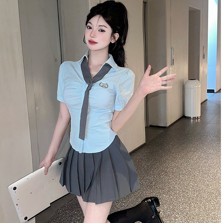 美容院足道工作jk制服女学院风甜美短袖蓝衬衫百褶裙套装技师工衣