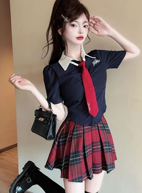 酒吧ktv辣妹纯欲风jk制服收腰显瘦衬衫红色格子短裙spa养生馆工衣