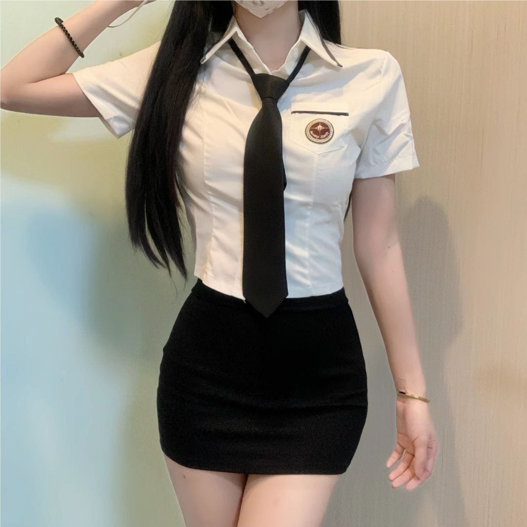 养生足疗会所足道女技师工作服职业装修身短款白色衬衫包臀裙套装