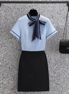 酒店前台性感空姐制服女职业装修身蓝色衬衫包裙沐足足道技师工衣
