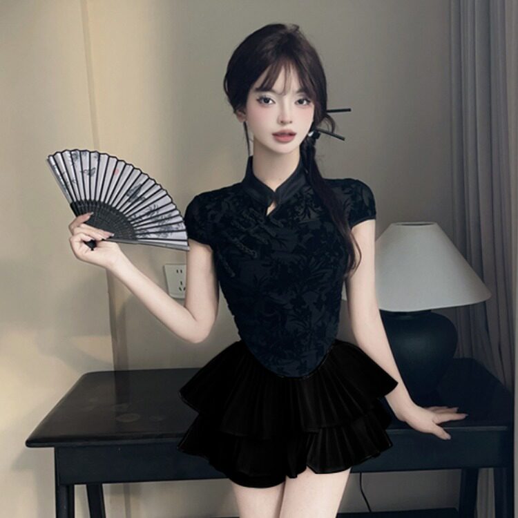 新中式黑色改良旗袍套装女足道技师工作服短袖上衣蓬蓬短裙两件套