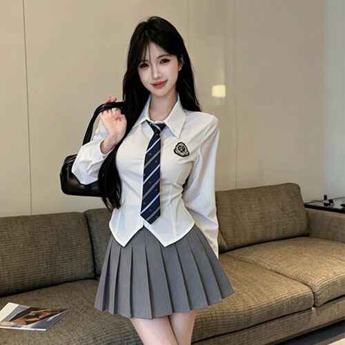 韩国校园风甜辣妹jk制服拉拉队服女收腰长袖白衬衣高腰百褶裙套装