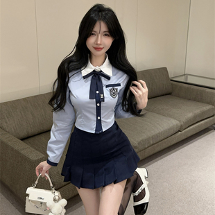 韩国高中校园风jk制服女纯欲短款收腰蓝衬衫高腰短裙套装韩剧穿搭