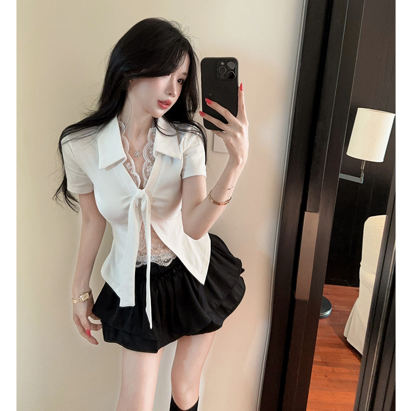 养生足疗足浴休闲技师工服性感收腰假两件蕾丝边衬衫蓬蓬短裙套装