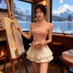 茶馆养生足疗女工作服新中式刺绣盘扣粉色短袖旗袍上衣半身裙套装