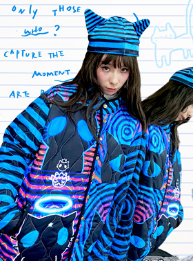 蓝巧怪物猫！LERROO亚文化条纹蓝色棉服女秋冬宽松外套上衣印花