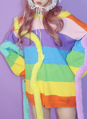 霓虹毛毛虫～LEERROO Y2K千禧条纹针织彩虹毛衣