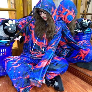 【蘭血色狂欢】LERROO原创亚文化蓝色加绒卫衣女秋冬宽松长袖上衣