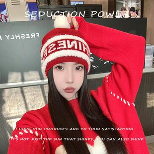 圣诞毛球针织帽子女生秋冬大头围毛线帽户外红色保暖护耳包头冷帽