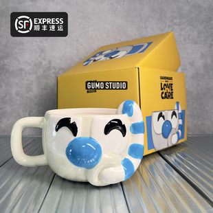 GUMO现货茶杯头Cuphead游戏Mugman蓝白色陶瓷马克杯正版周边收藏