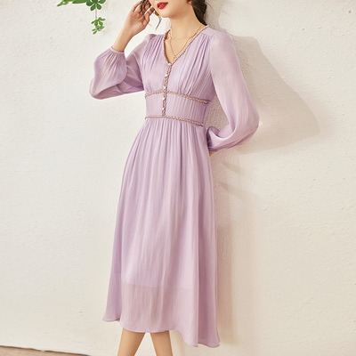 奈昕个性化私人订制 61604紫色高级感V领长袖连衣裙秋遮腿粗胯宽