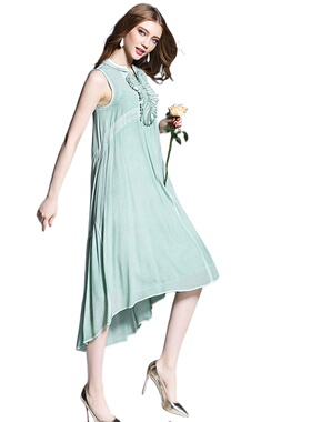 奈昕个性化私人定制 116686 正品半开领拼接纯色网纱长款背心连衣