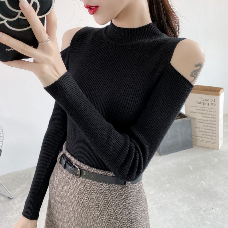 露肩上衣女长袖小心机性感秋装新款半高领毛衣打底针织衫修身薄
