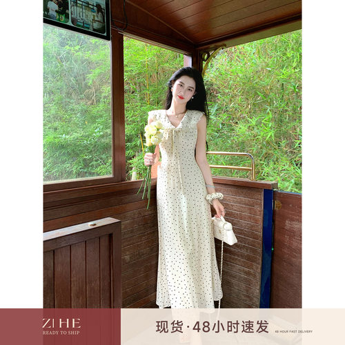 凌茜恣禾 初恋'娃娃领波点连衣裙女夏法式蝴蝶结无袖背心大摆长裙