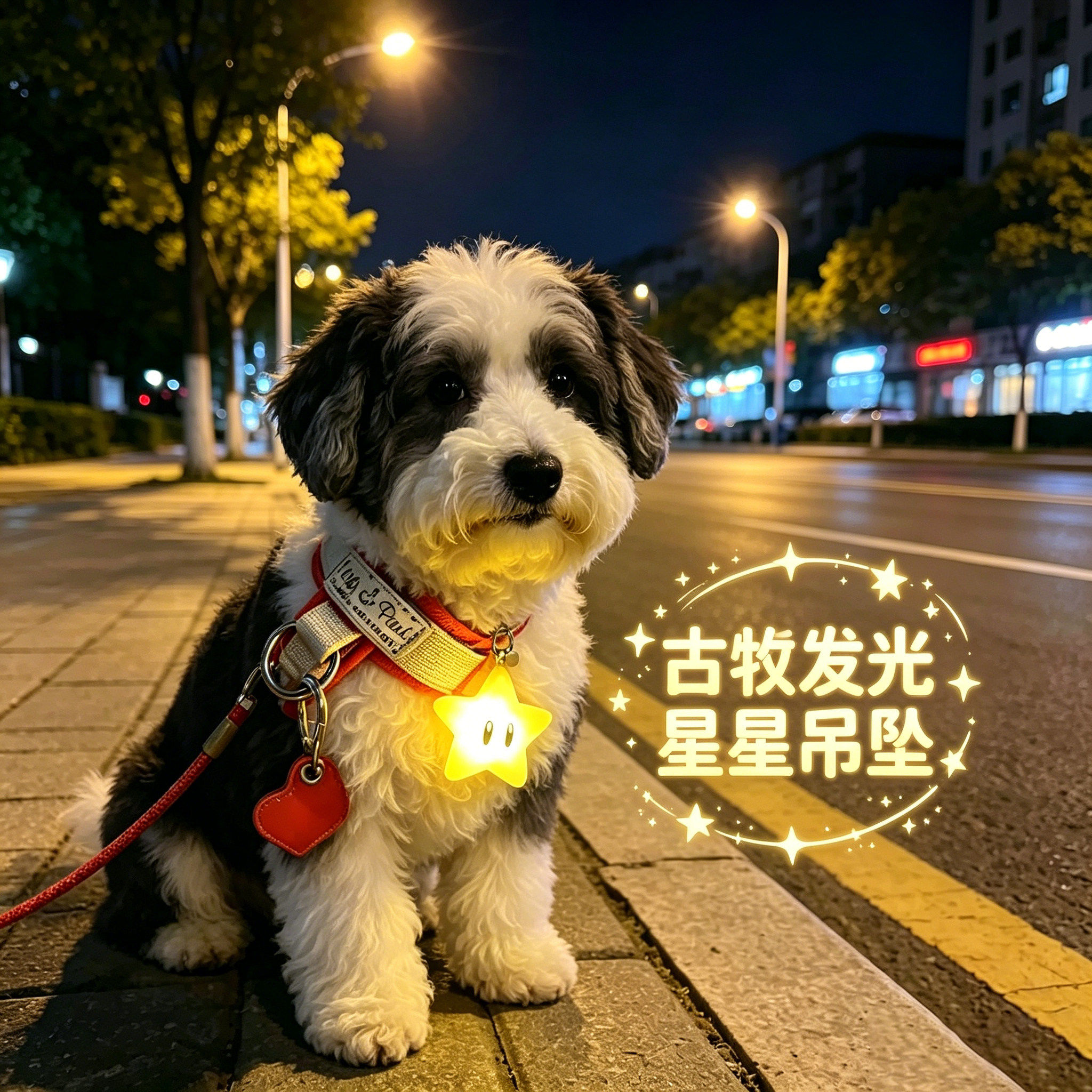 古牧专用狗狗夜间发光吊坠项圈夜晚发光灯防走失遛狗牵引绳星星灯