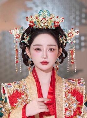 蓝色中式新娘秀禾头饰景泰蓝古风汉服龙凤褂结婚古装婚礼凤冠发饰