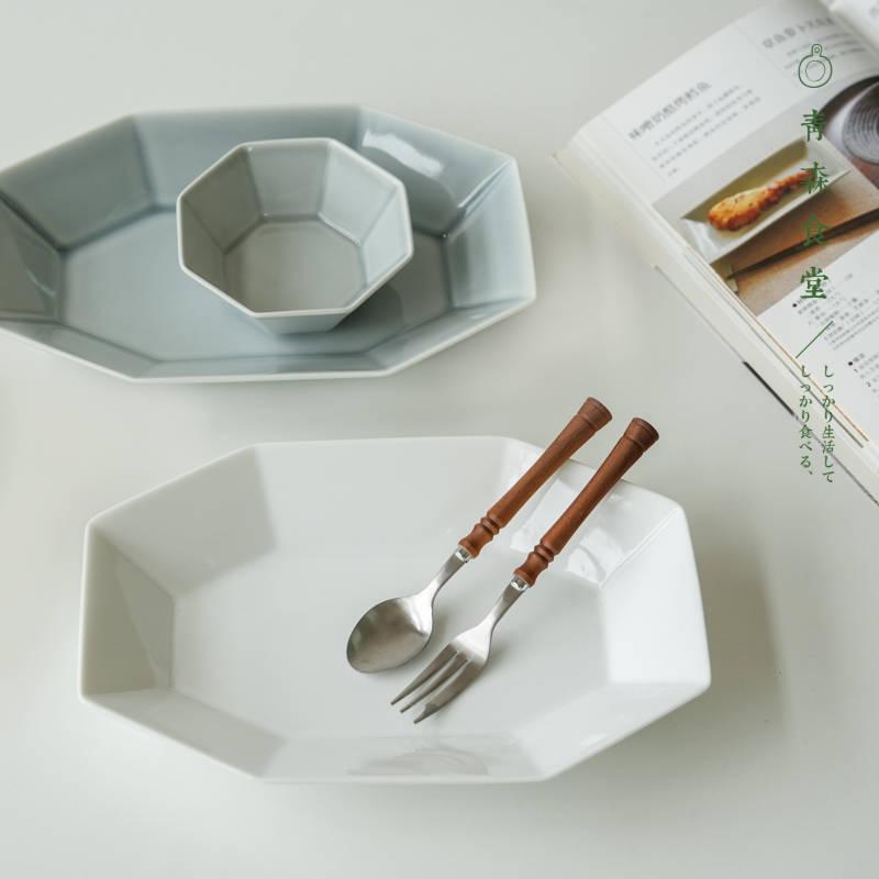 美浓烧素色陶瓷八角小钵长形餐盘