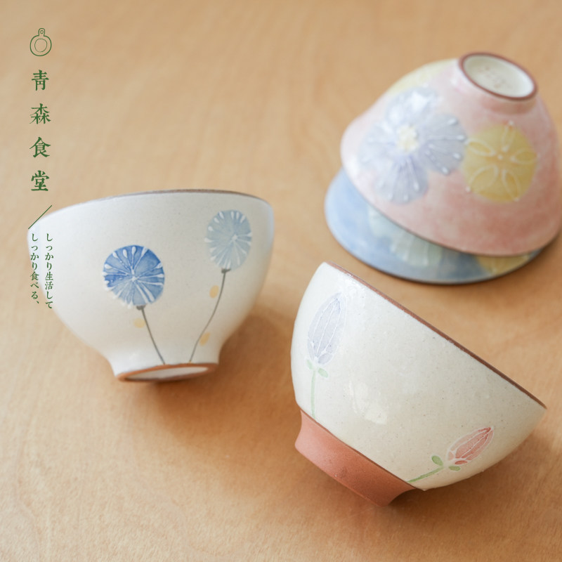 〈青森食堂〉日本制灶师窑和风水彩一珍花朵粗陶夫妇对碗米饭茶碗