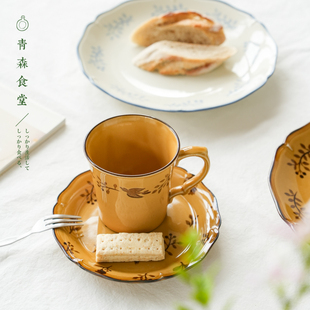 〈青森食堂〉日本制美浓烧复古做旧花鸟陶瓷马克杯花边甜品碟餐盘