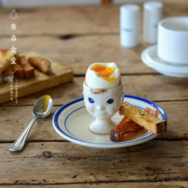 〈青森食堂〉日本studio m'古董手绘笑脸娃娃陶瓷早餐蛋杯鸡蛋托