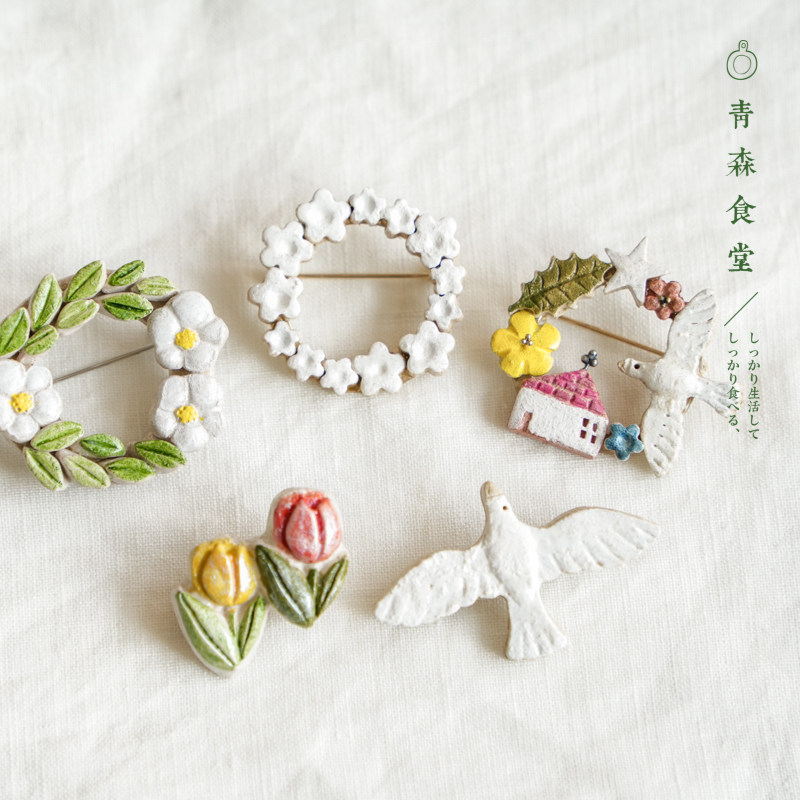 日式陶瓷手工胸针飞鸟花朵