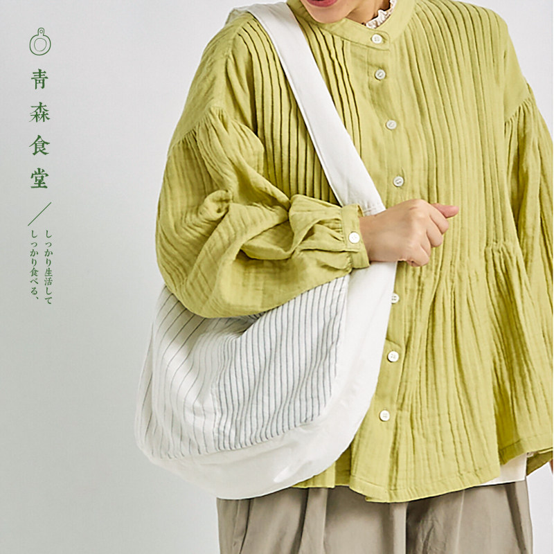〈青森食堂〉日本复古日杂风棉麻花朵刺绣椭圆包条纹拼接单肩布袋
