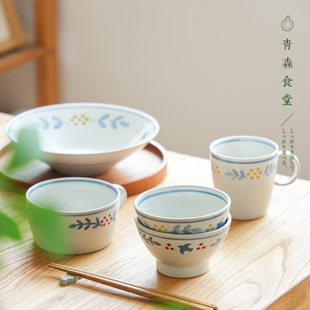 〈青森食堂〉日本制BZJS青鸟南天竹金合欢粗陶马克杯宽口杯碗深皿