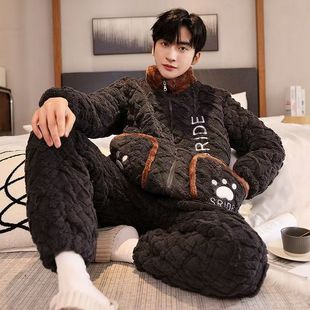 秋冬季中老年人睡衣男士加绒加厚牛奶绒法兰绒爸爸保暖家居服套装