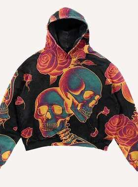 外贸热卖花朵骷髅印花图案3D卫衣连帽衫男女同款时尚外套hoodie