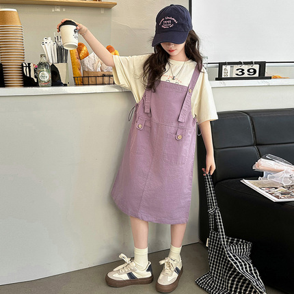 女童连衣裙夏季2024新款韩版大童背带裙套装儿童夏装洋气短袖裙子