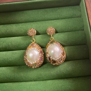 新款天然巴洛克珍珠耳环黄铜镀真金 天然碧玺点缀耳钩耳钉气质女