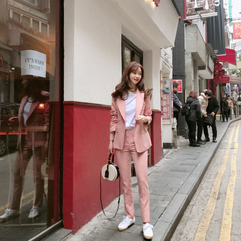 2025春秋新款时尚双排扣甜美外套女休闲小西装外套九分裤两件套潮