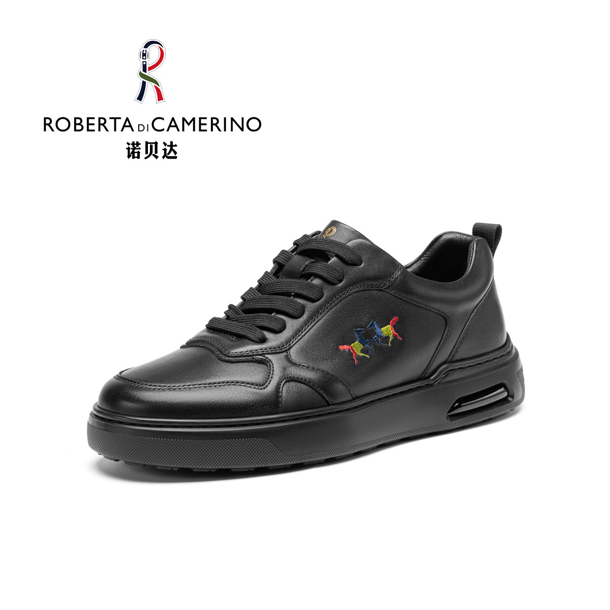 意大利诺贝达男鞋男士休闲板鞋真皮防滑厚底气垫纯黑色青年通勤鞋