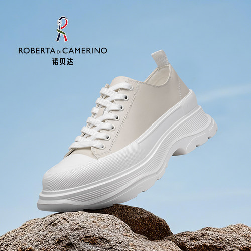 诺贝达进口真皮休闲厚底小白鞋男